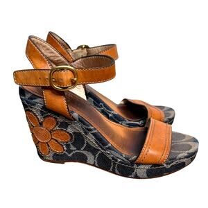 Coach Brown and Blue Wedge Sandals